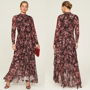 Ted Baker Janeti Dress Floral Print Mesh Long Sleeve Tiered Maxi Black Pink 12